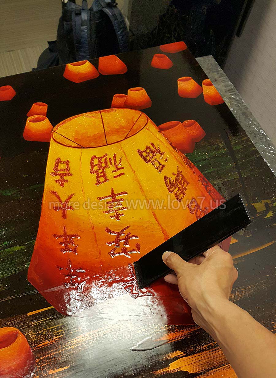 HERMES愛馬仕橘色運用在漆畫天燈祝福語吉祥數字