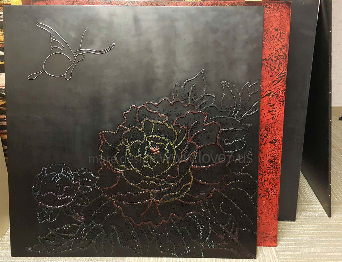 研磨漆畫牡丹花
